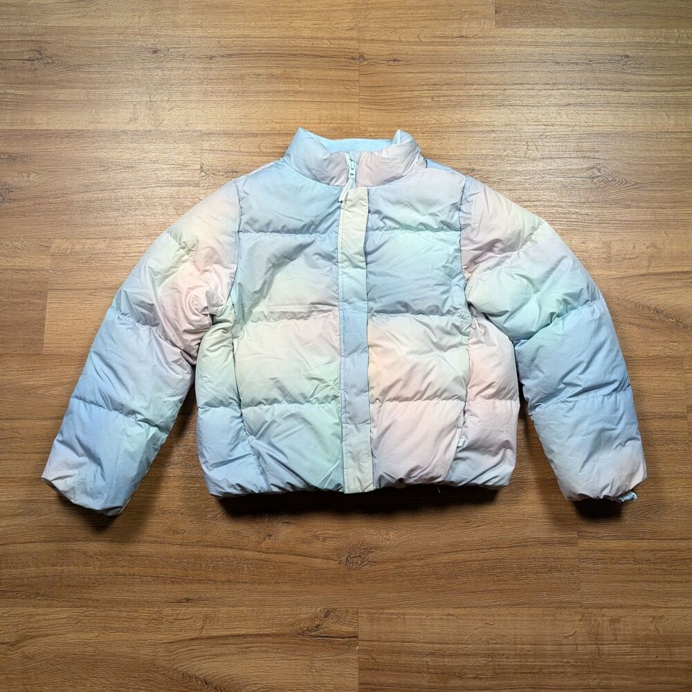 Athleta Down Puffer Jacket Girls Large 12 Blue Rainbow Snow Day Parka Winter